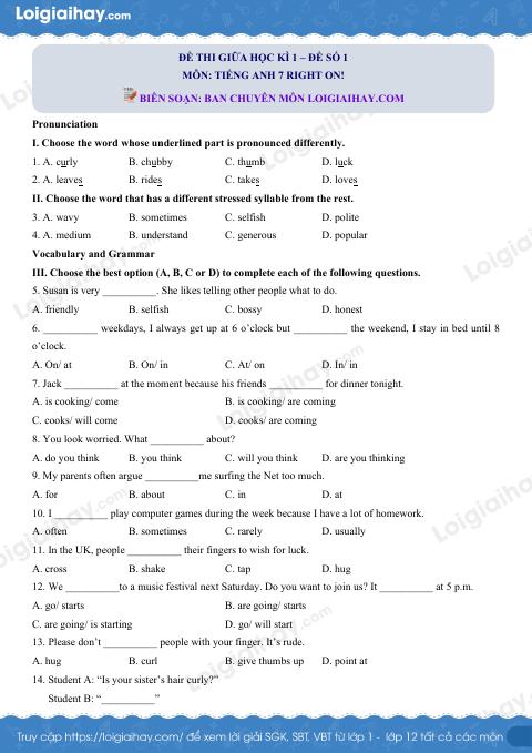 Đề thi giữa kì 1 Tiếng Anh 7 Right on! - Đề số 1